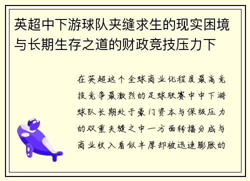 英超中下游球队夹缝求生的现实困境与长期生存之道的财政竞技压力下 英超中下游球队夹缝求生的现实困境与长期生存之道的财政竞技压力下